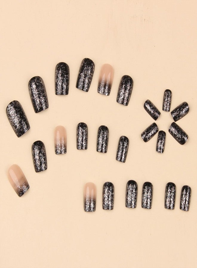 SINHOT Square Press on Nails Medium Fake Nails Glossy Glue on Nails Bling Glitter Acrylic Nails Squoval Artificial Nails Black Gradient Stick on False Nails with Design 24 pcs - Image 2
